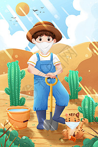 铁锹工具荒漠化和干旱日沙地里男孩和猫插画插画