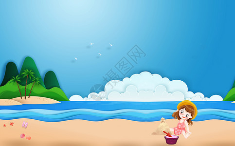 夏天小清新女孩夏季海洋剪纸风设计图片