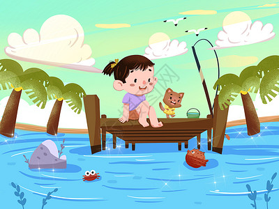 码头和猫小暑河边戏水的小女孩插画