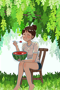 西瓜和小女孩夏日在树林和草丛中吃西瓜的小女孩插画