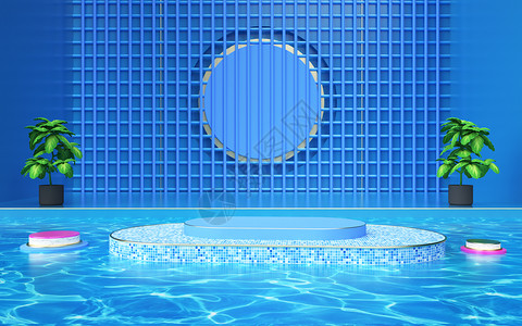 蓝色酒店电商夏日泳池促销场景设计图片