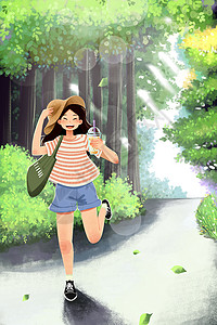灌木丛树林手拿帽子奔跑的女孩插画