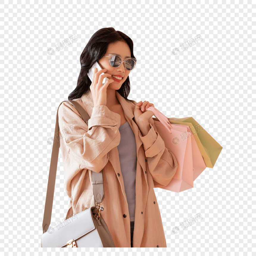 女性商场欢快购物打电话图片