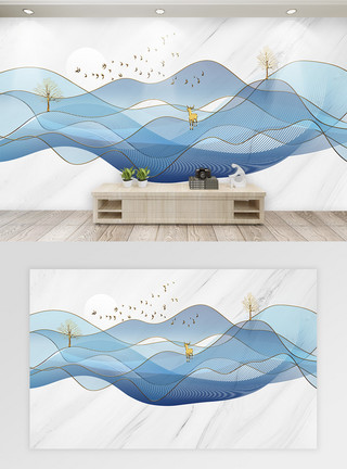水墨线条现代简约抽象线条意境山水大理石电视背景墙模板