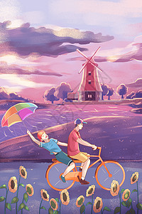 农场壁纸夏日骑着单车的兄弟俩插画