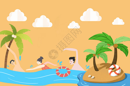夏天游泳的男人夏日剪纸风背景设计图片