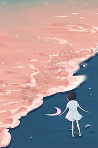 大连海边夜景夏日夜晚海边少女手机壁纸插画