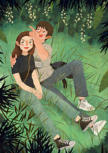 树林中的情侣在草地上一起看天空插画