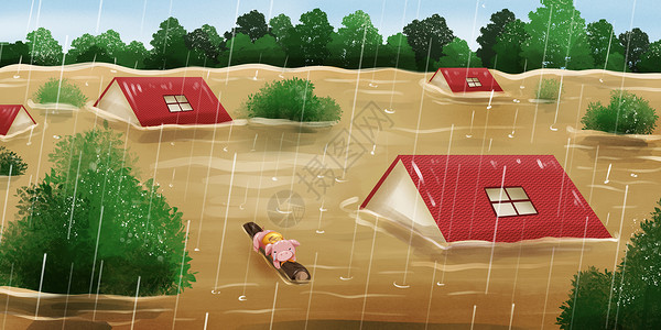 山体背景为了多背财产被困在暴雨洪水中的小猪插画