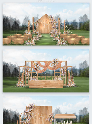 木色底色木板秋色婚礼效果图模板