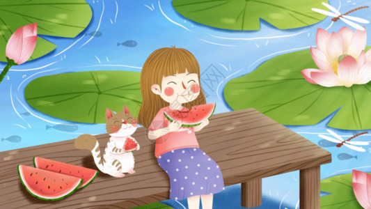 女孩吃瓜夏天荷塘吃西瓜少女卡通背景视频GIF高清图片