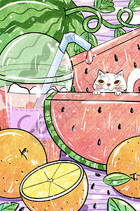鲜榨西瓜汁海报夏天西瓜插画