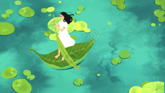 水面叶子夏至少女划船卡通循环背景GIF高清图片