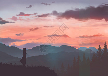 山顶夕阳傍晚的山边插画