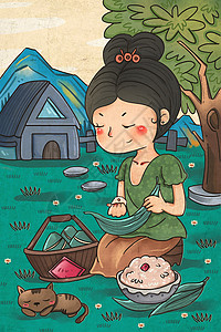 端午节传统风格包粽子女孩插画背景图片