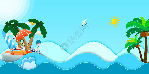 夏日海边剪纸背景背景图片