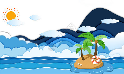 海鸥岛夏日剪纸风海滩设计图片