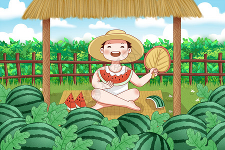 男孩吃西瓜瓜农在西瓜地里吃西瓜插画