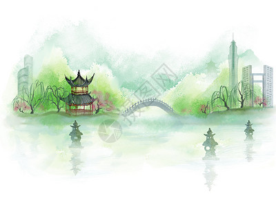 杭州标志建筑杭州西湖中式城市地标建筑风景旅游插画