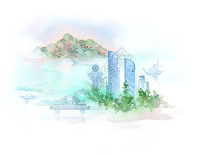 码头素材厦门中式城市地标建筑风景旅游插画