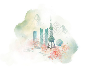 埃菲尔铁塔手绘上海中式城市地标建筑风景旅游插画