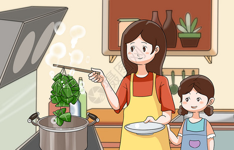 煮粽子的孩子端午煮粽子插画