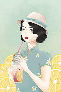 一杯柠檬茶民国风夏季节气美女插画