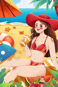 海螃蟹大暑海边度假比基尼美女插画插画