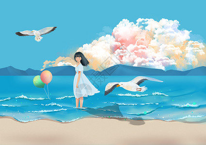 海滩女孩红气球海边少女回眸插画