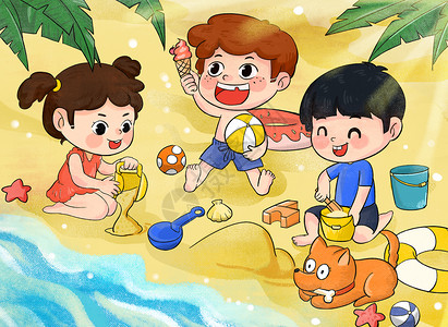 夏天海边沙滩上玩沙子插画