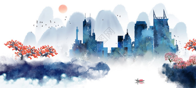会议旅游素材深圳地标建筑水墨中国风插画