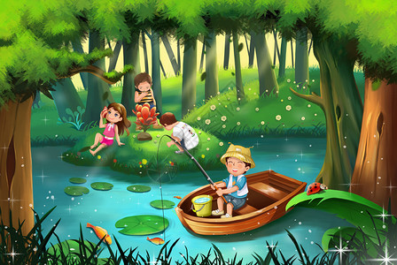 湖水小船小暑时节在森林里玩耍的男孩女孩插画
