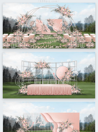 铁艺桌椅粉色户外婚礼效果图模板
