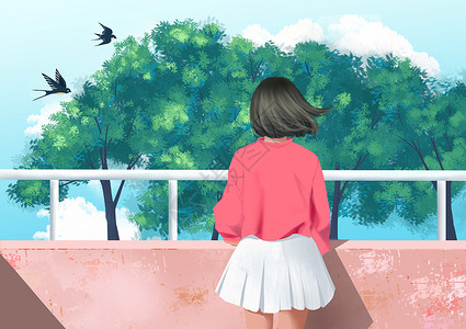 白玉栏杆看风景的女孩背影插画