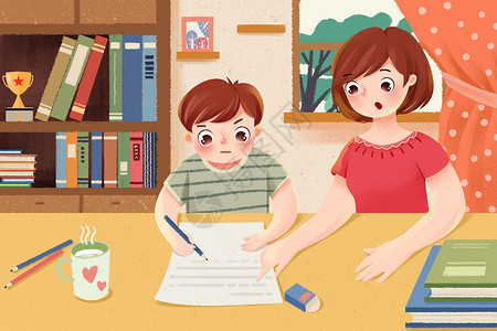 写作业女孩辅导孩子学习的妈妈插画