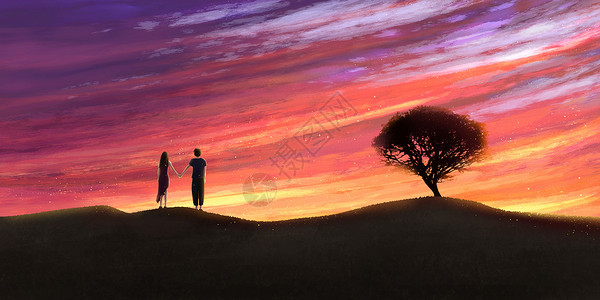 夕阳下的一棵树唯美浪漫夕阳下的情侣插画