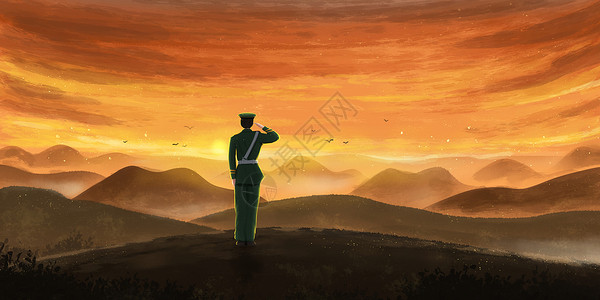 军人望远镜驻守祖国边疆的军人敬礼插画