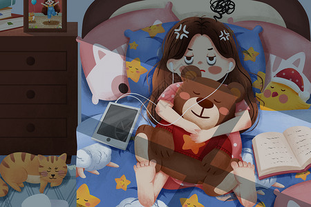 枕头边玩具熊夜晚失眠听歌女孩插画