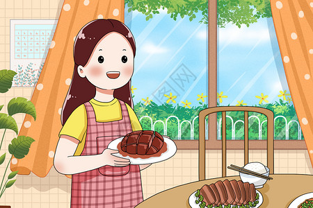 家庭主妇做饭吃肉贴秋膘插画