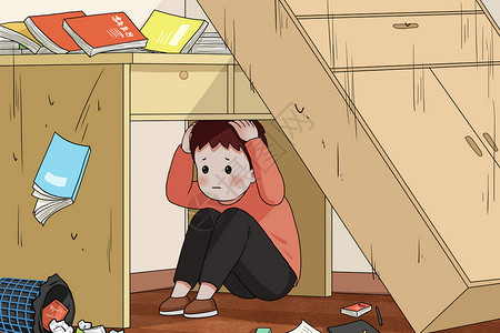 激励措施地震躲在桌下的男孩插画