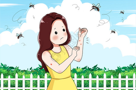 被打扰的被蚊虫叮咬的女孩插画