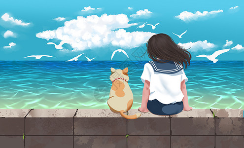 墙上风景与小猫看海的女生插画