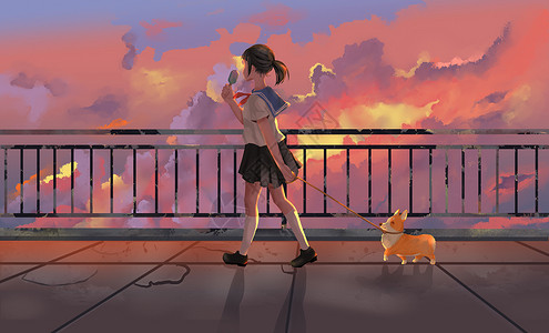 牵狗散步傍晚牵着小狗散步的女生插画