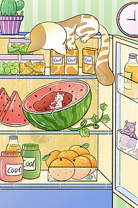 冰箱插画大暑偷吃西瓜的老鼠插画