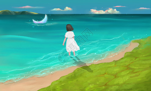 裙子背影海边的女生插画