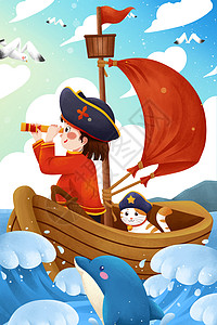 航海帆船航海出行女孩与猫插画