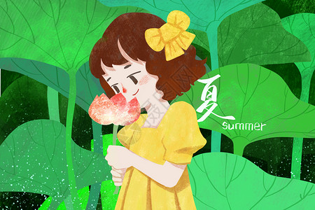 气味壁纸夏天和荷叶合影的女孩插画