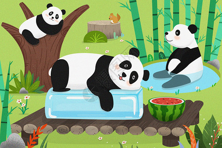 红山动物园夏天动物园里的大熊猫躺在冰块上解暑降温插画