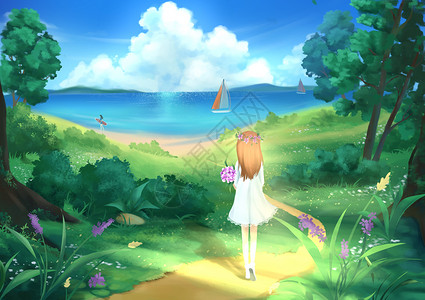 夏季游泳的女孩大暑丛林海滩场景插画
