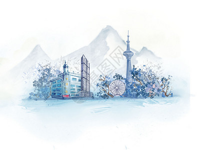手绘塔中式城市地标建筑风景旅游天津插画